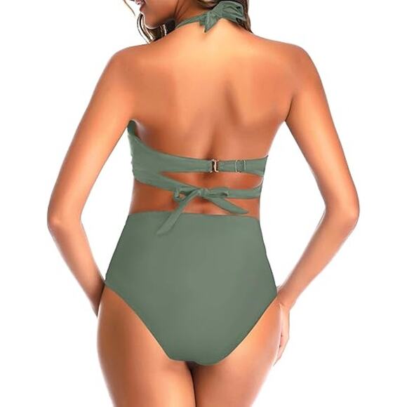 Tempt Me Two Piece Vintage Retro Halter Ruched High Waist Bikini Swimsuit Set - Picture 5 of 7